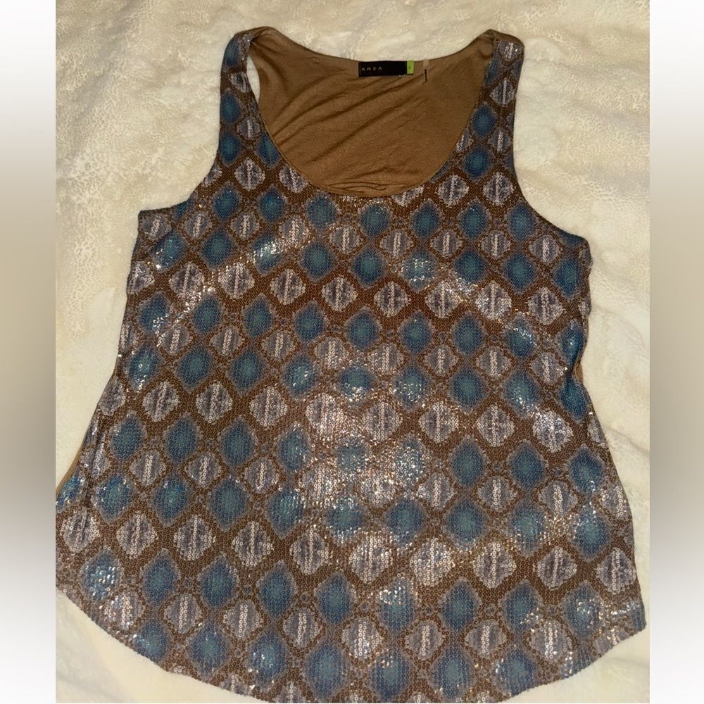 AREA Boho Sequin Top | Ikat Motif Bronze Blue Sparkle Tank EUC SZ L